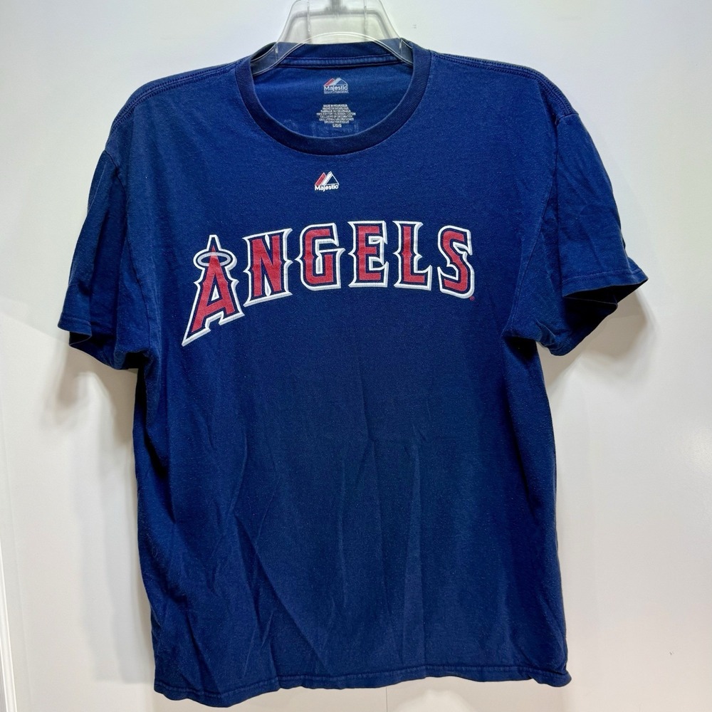 Majestic Angels Baseball T-Shirt #27 Trout MLB Cotton Men's Large Faded Blue